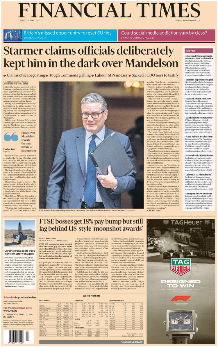 Portada de Financial Times (Reino Unido)