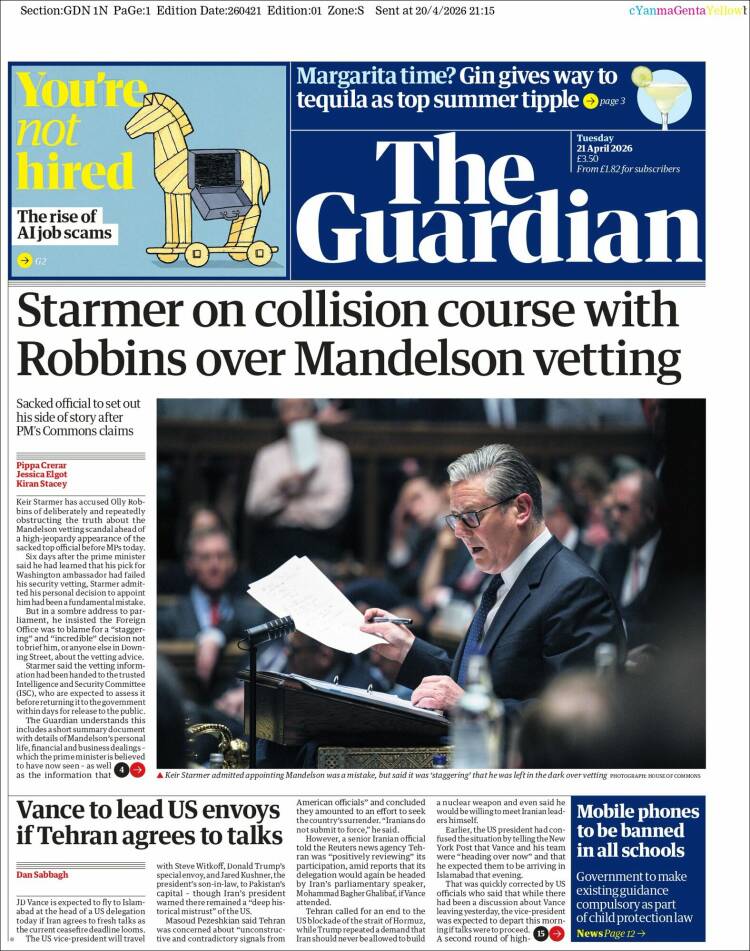 Portada de The Guardian (Reino Unido)