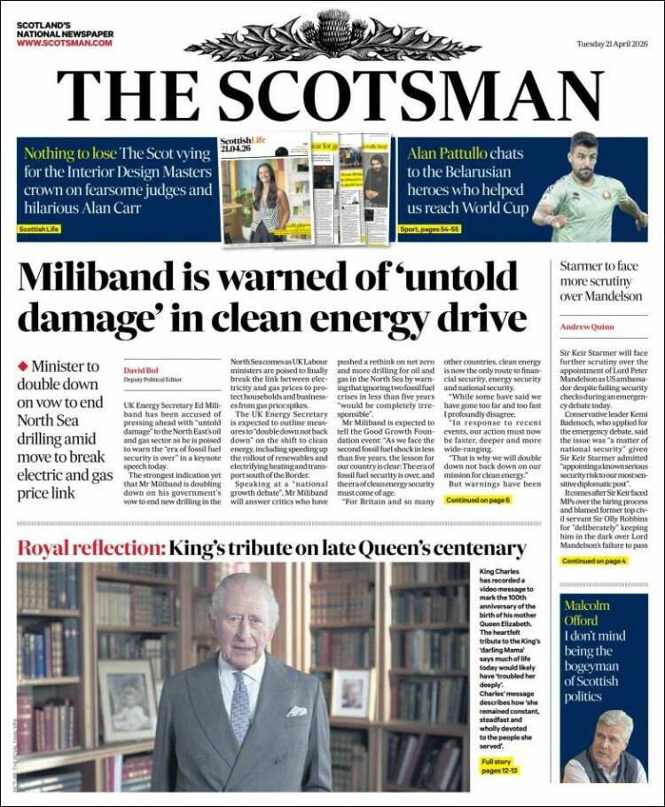 Portada de The Scotsman (Reino Unido)