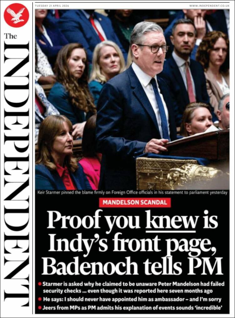 Portada de The Independent (Reino Unido)