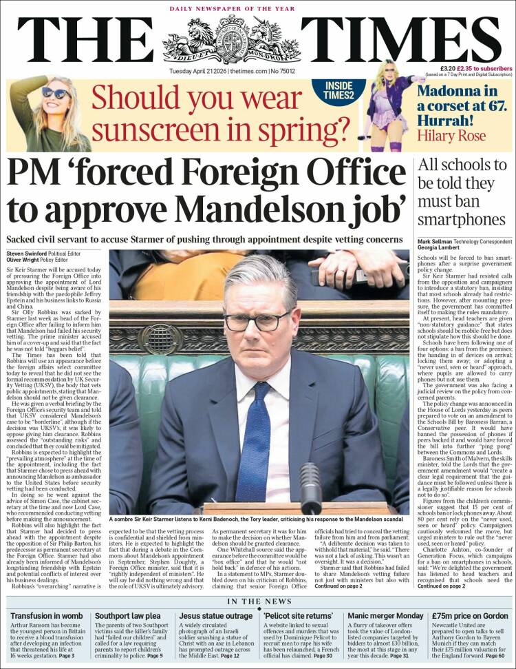 Portada de The Times (Reino Unido)