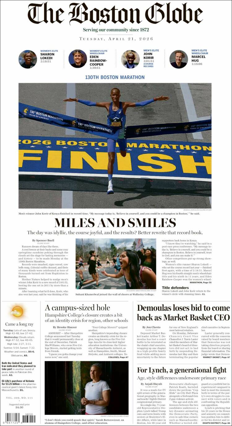 Portada de Boston Globe (USA)