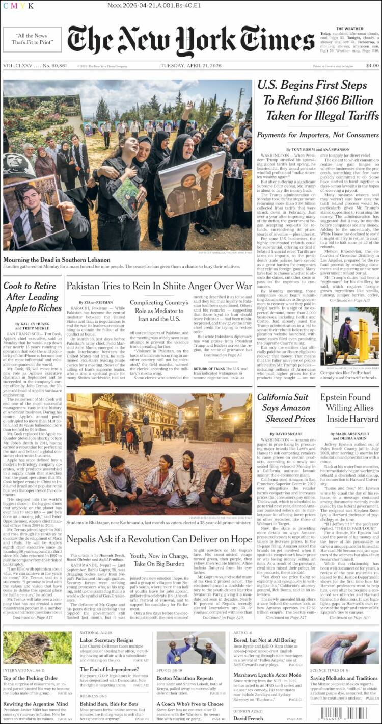 Portada de New York Times (USA)