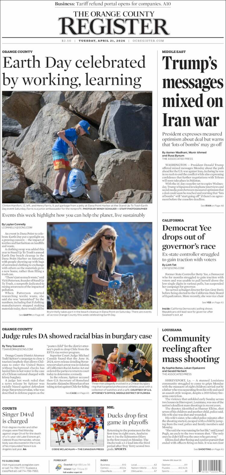 Portada de The Orange County Register (USA)