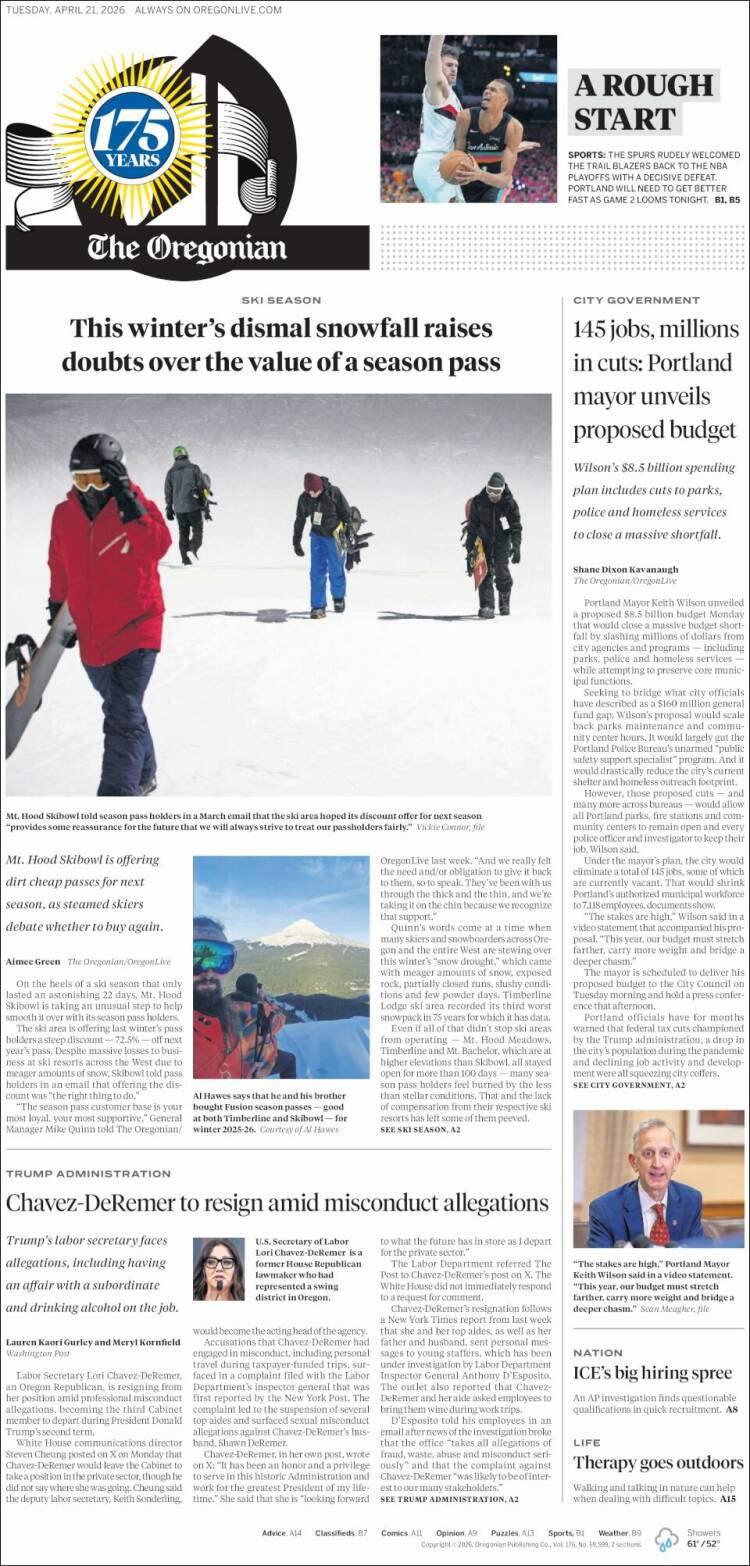 Portada de The Oregonian (USA)