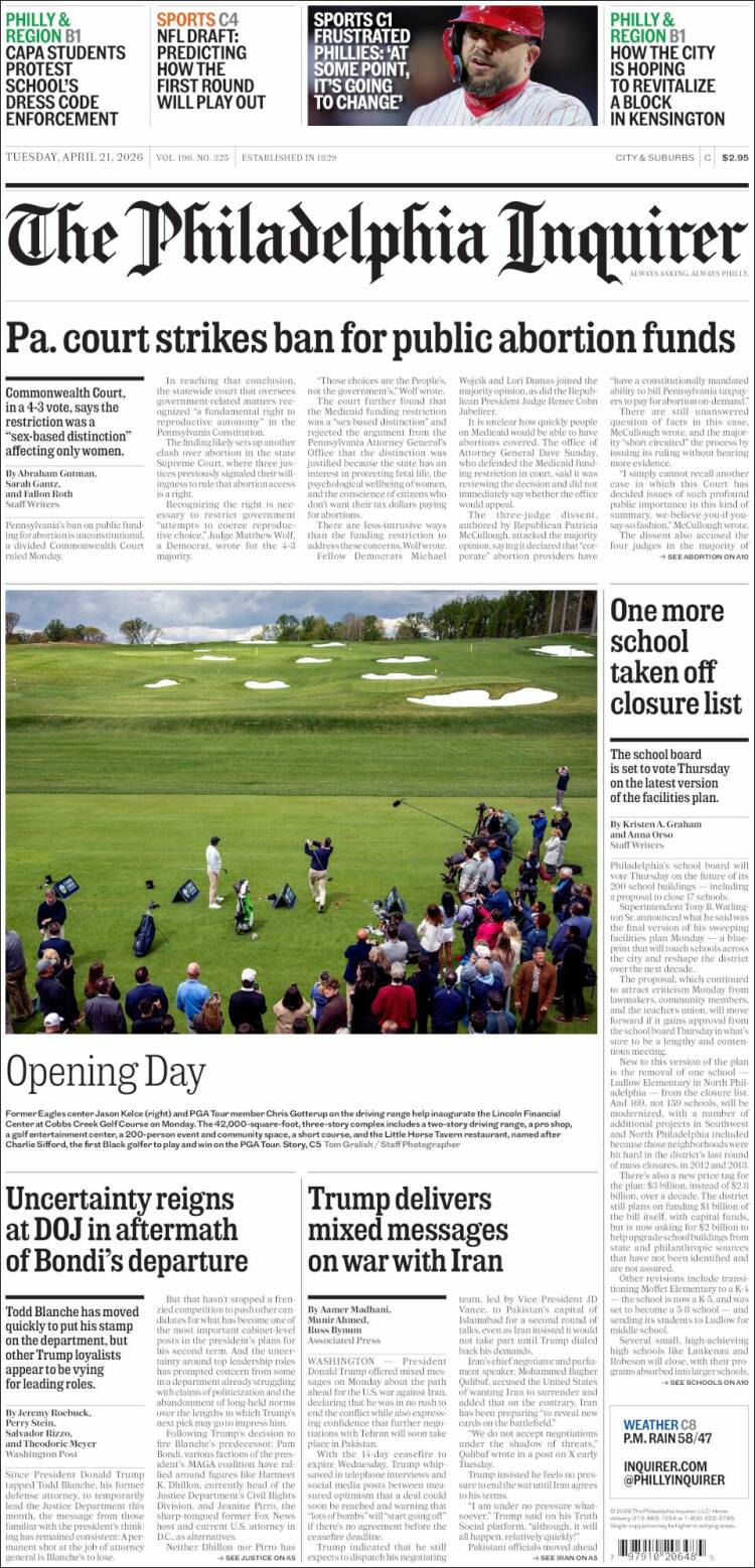 Portada de Philadelphia Inquirer (USA)