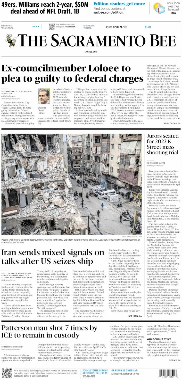 Portada de The Sacramento Bee (USA)