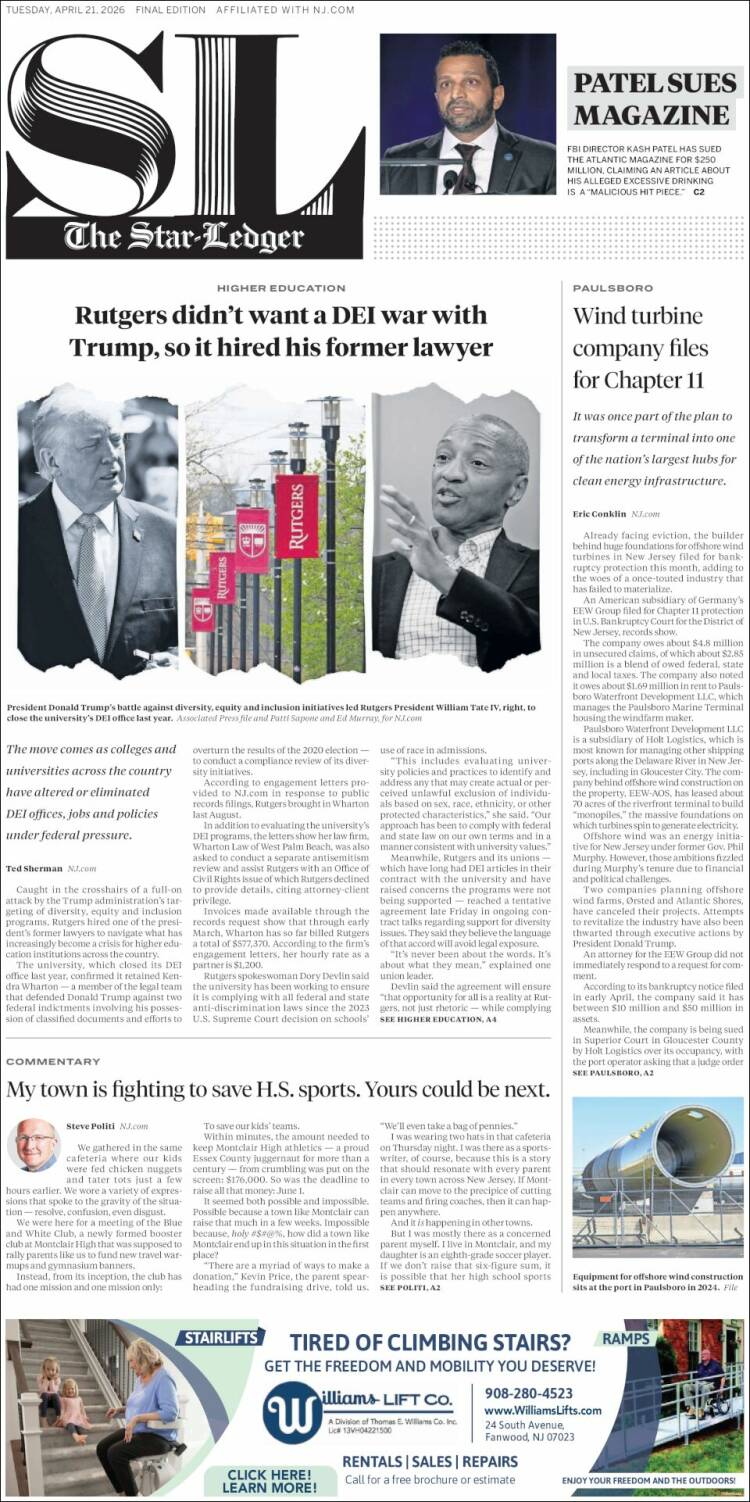 Portada de Star-Ledger (USA)