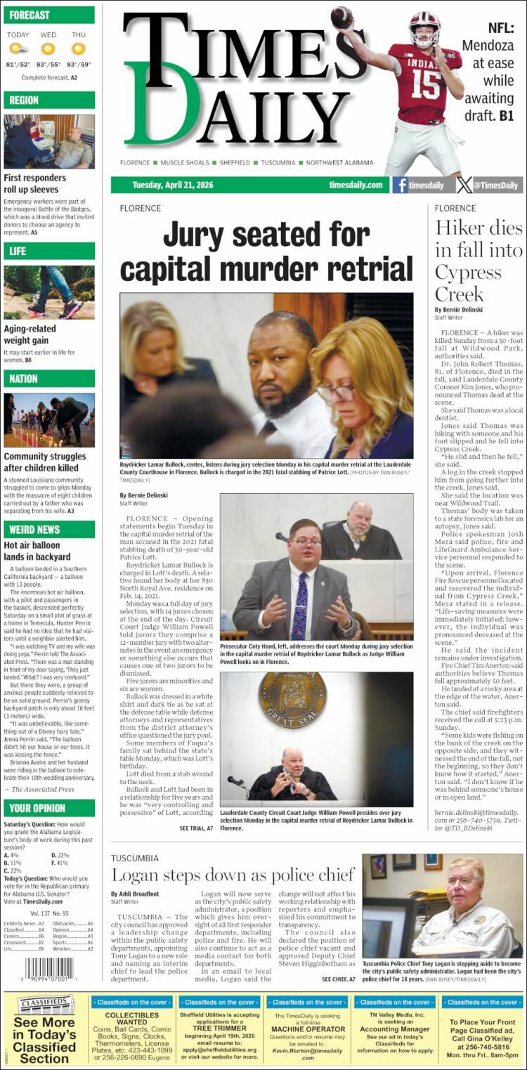 Portada de Times Daily (USA)