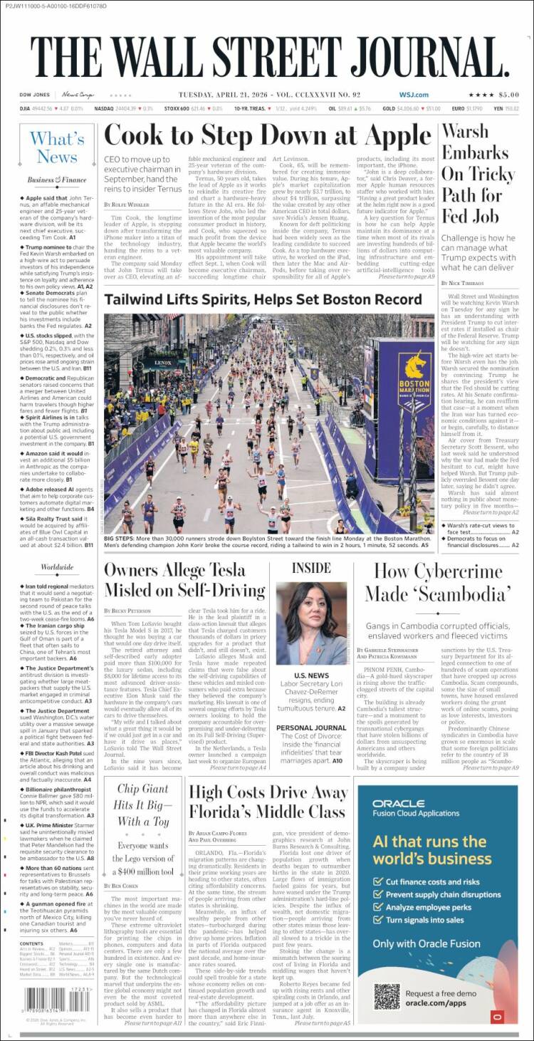 Portada de Wall Street Journal (USA)