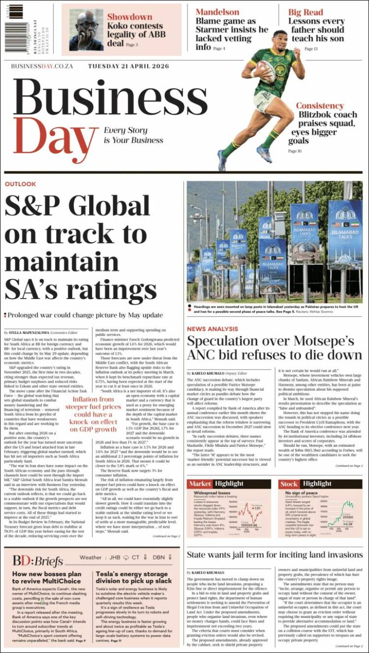 Portada de Business Day (Sud&aacute;frica)