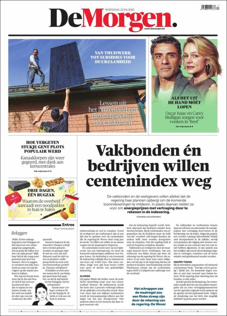 Portada de De Morgen (B&eacute;lgica)