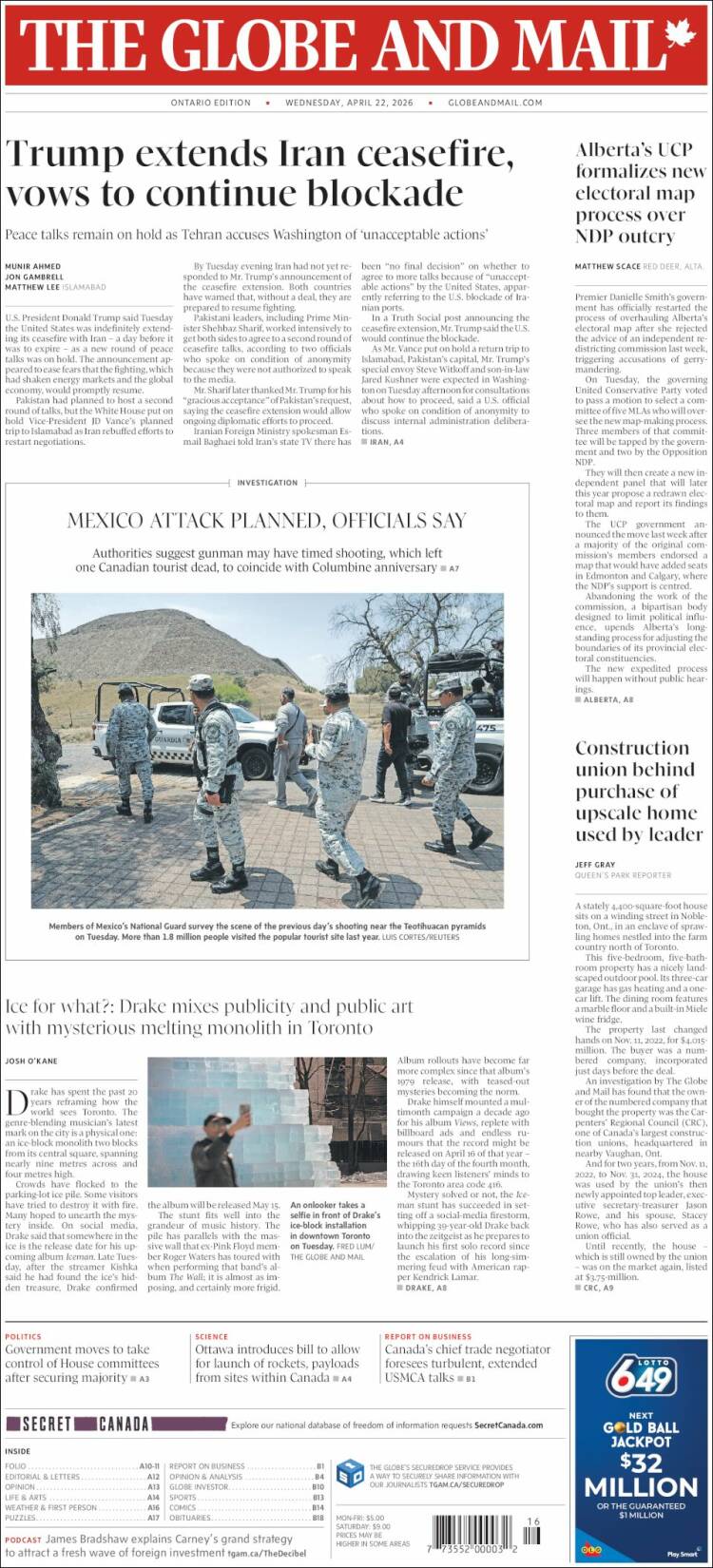 Portada de The Globe and Mail (Canad&aacute;)