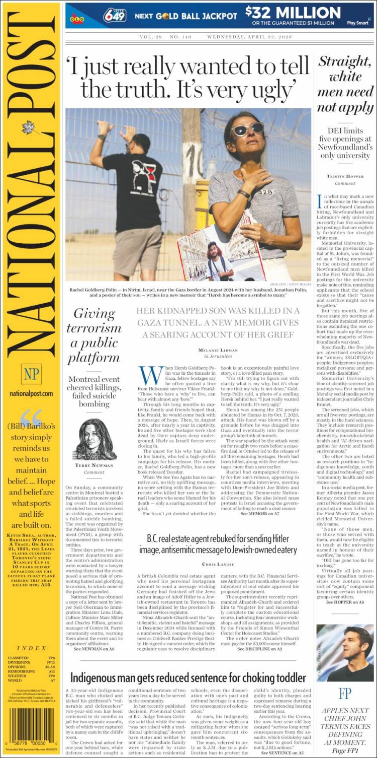 Portada de The National Post (Canada)