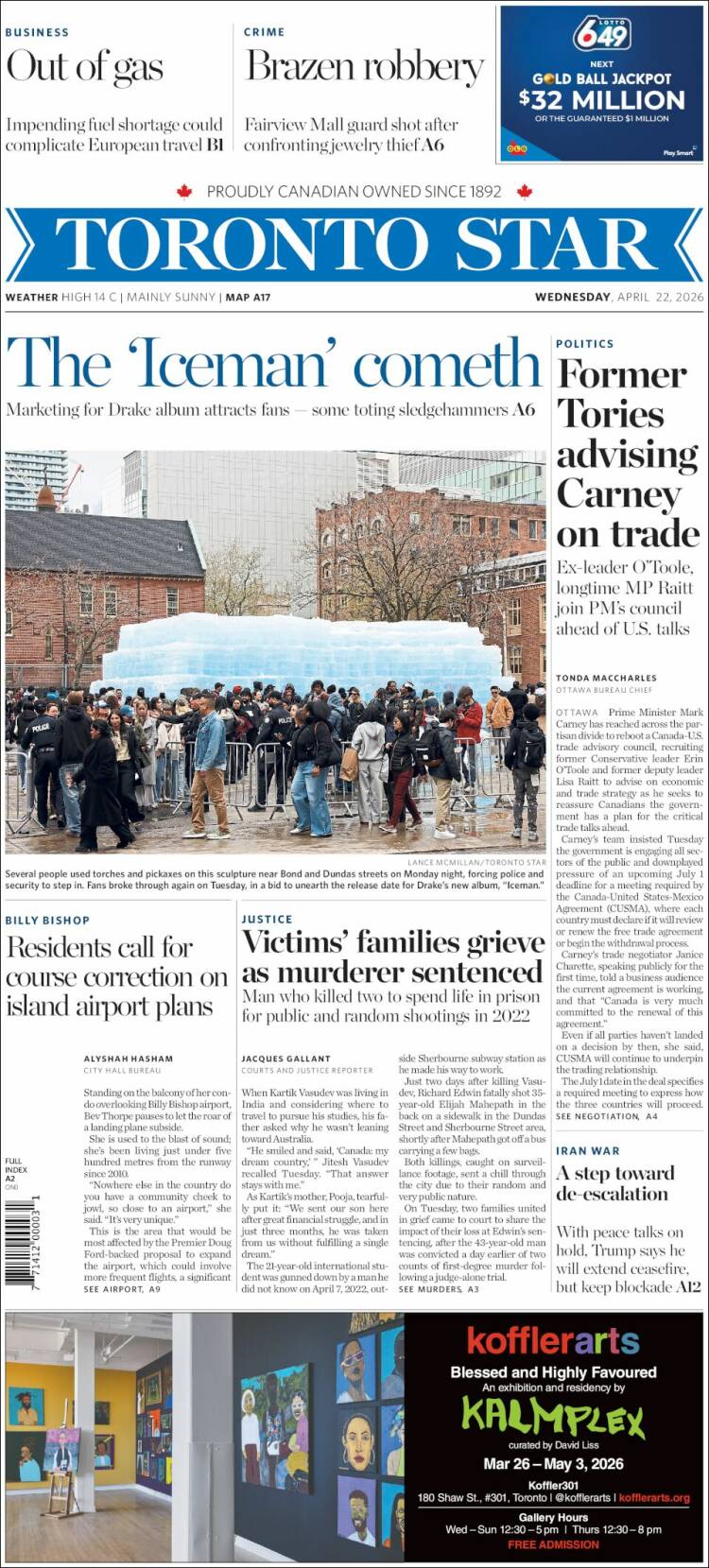 Portada de The Toronto Star (Canad&aacute;)