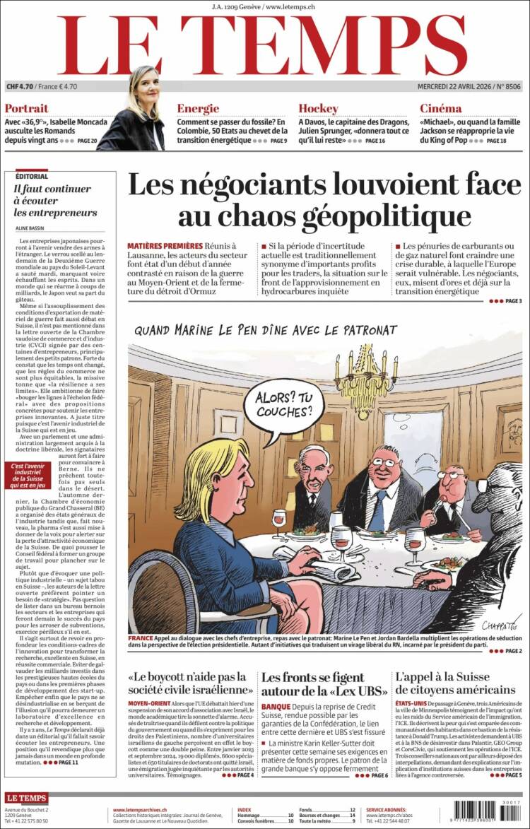 Portada de Le Matin (Suiza)