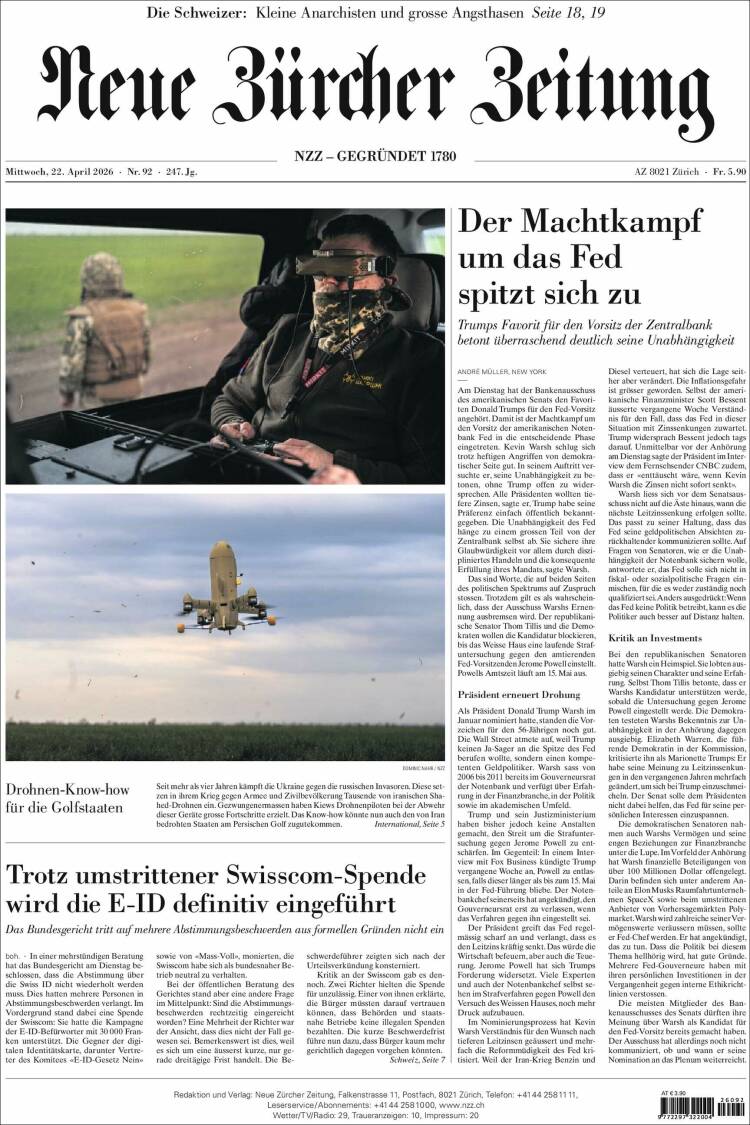 Portada de Neue Zürcher Zeitung (Suiza)