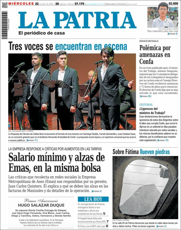 Portada de La Patria (Colombia)