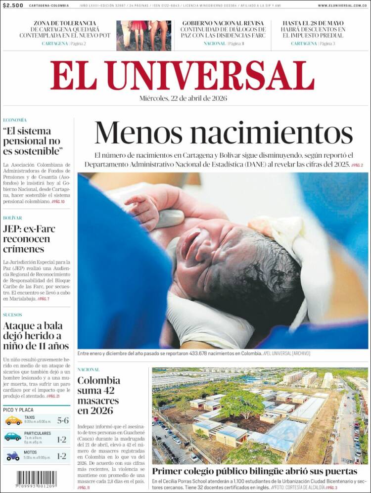 Portada de El Universal (Colombia)
