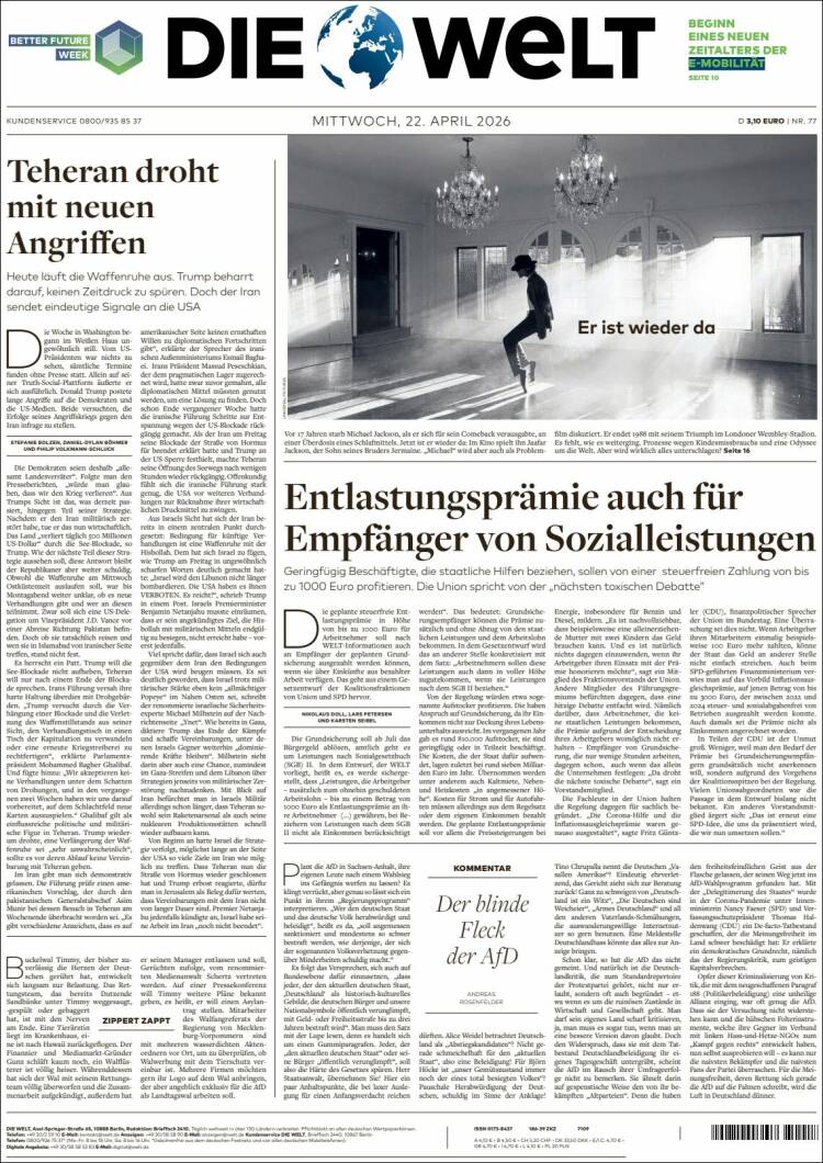 Portada de Die Welt (Alemania)