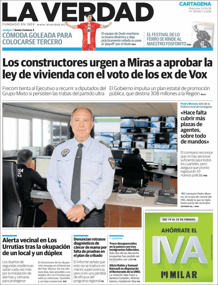 Portada de La Verdad de Cartagena (Espa&ntilde;a)