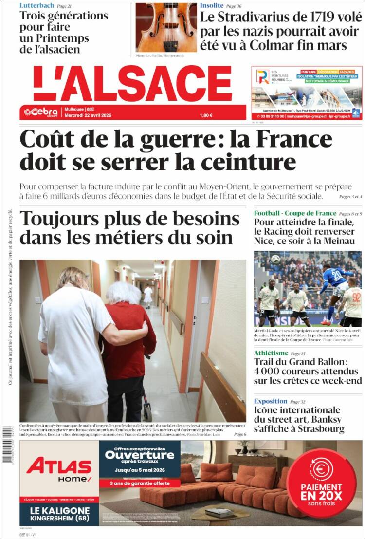 Portada de Journal L'Alsace (Francia)