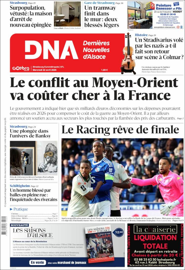 Portada de Les Dernières Nouvelles d'Alsace (Francia)
