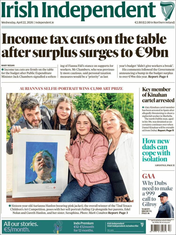 Portada de Irish Independent (Irlanda)