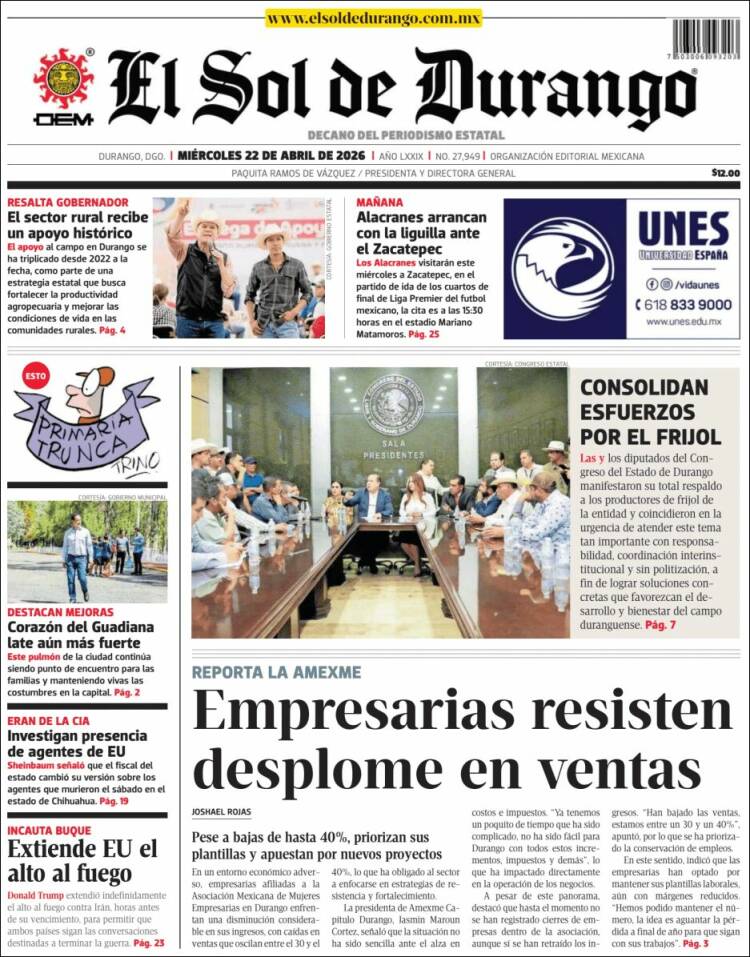 Portada de El Sol de Durango (M&eacute;xico)