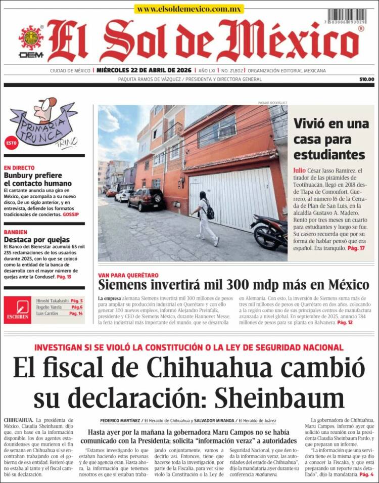 Portada de El Sol de México (M&eacute;xico)
