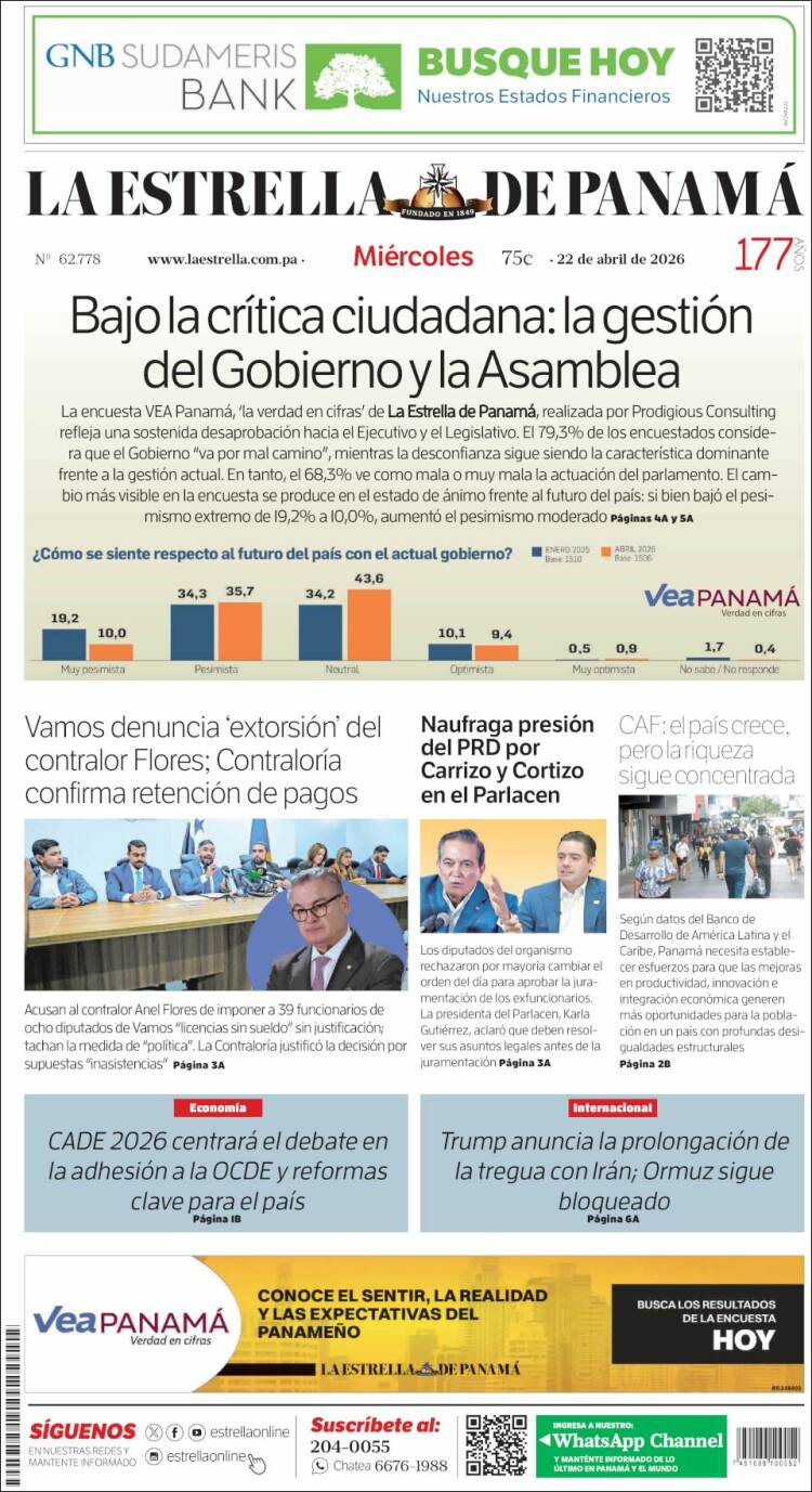 Portada de La Estrella de Panamá (Panam&aacute;)