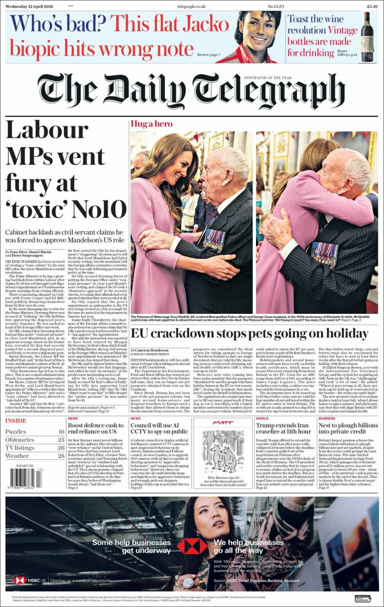 Portada de Daily Telegraph (Reino Unido)
