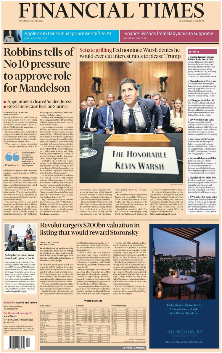 Portada de Financial Times (Reino Unido)
