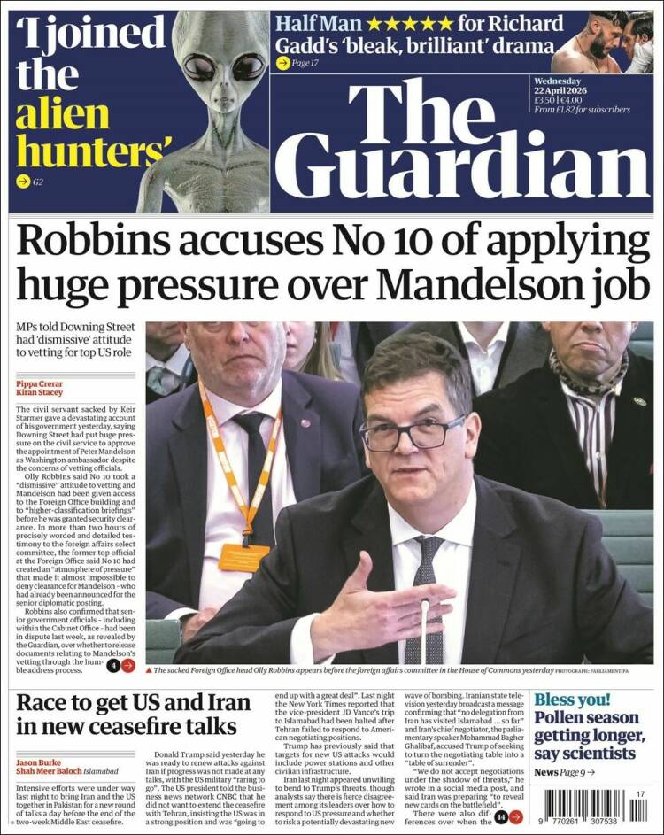 Portada de The Guardian (Reino Unido)