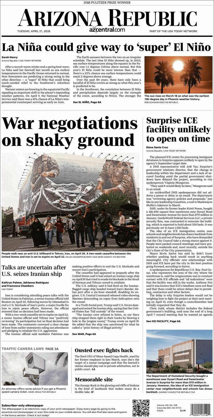 Portada de Arizona Republic News (USA)