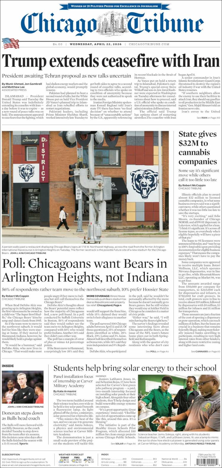 Portada de Chicago Tribune (USA)
