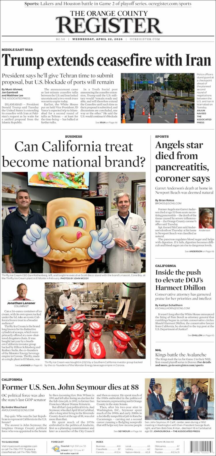 Portada de The Orange County Register (USA)
