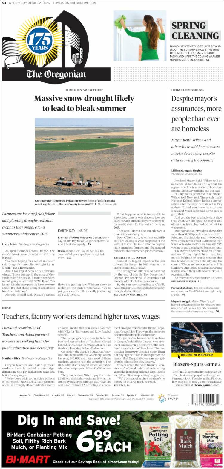 Portada de The Oregonian (USA)