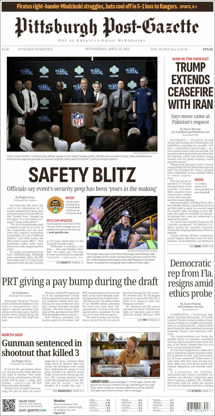 Portada de Pittsburgh Post-Gazette (USA)
