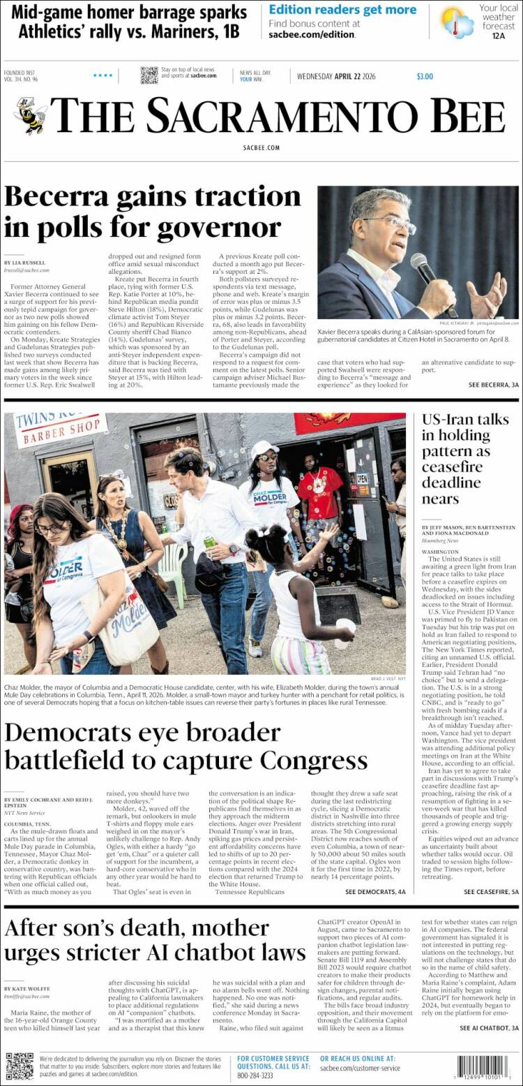 Portada de The Sacramento Bee (USA)