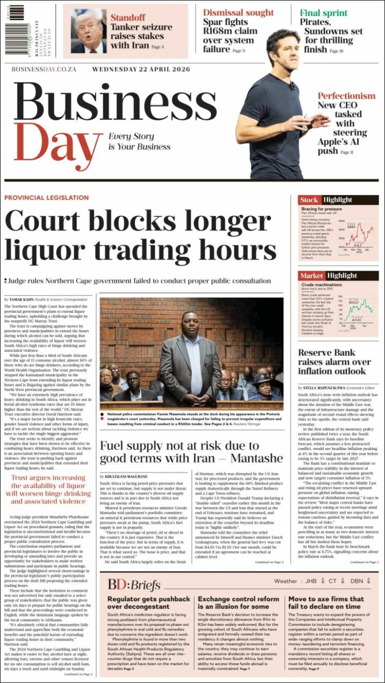 Portada de Business Day (Sud&aacute;frica)