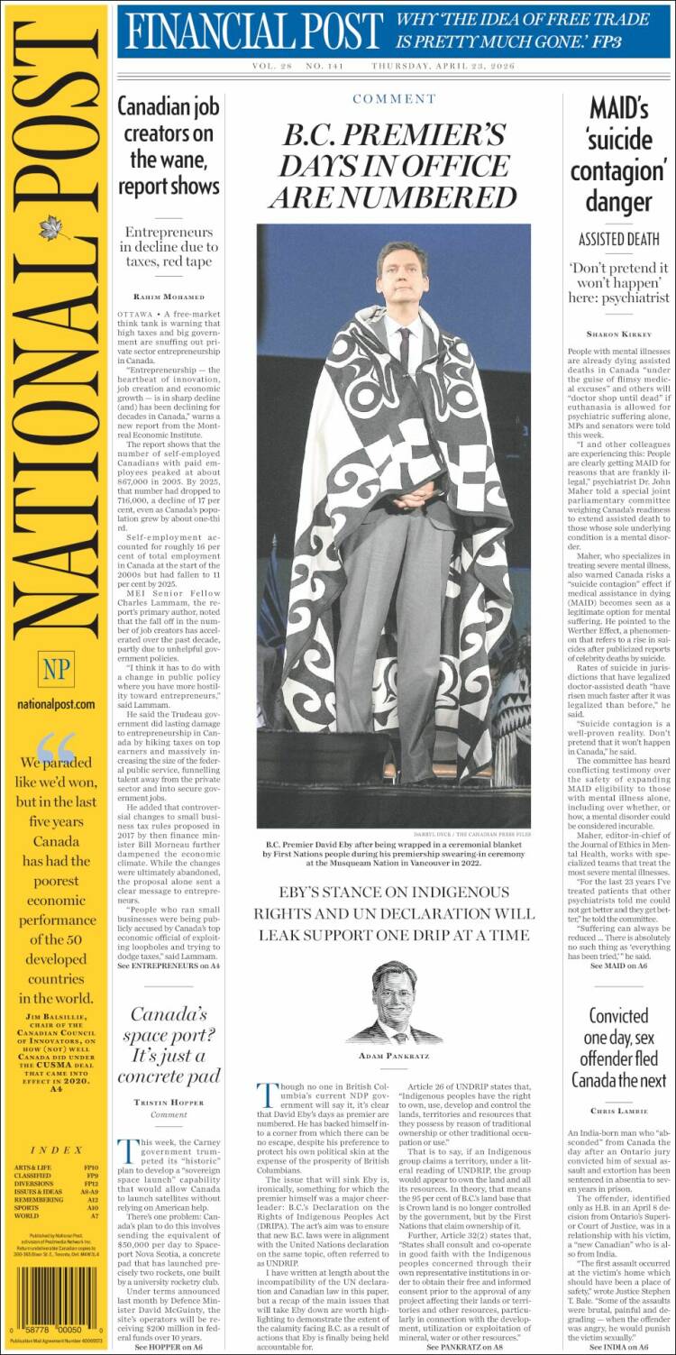 Portada de The National Post (Canad&aacute;)