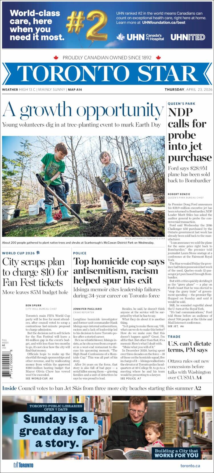 Portada de The Toronto Star (Canad&aacute;)