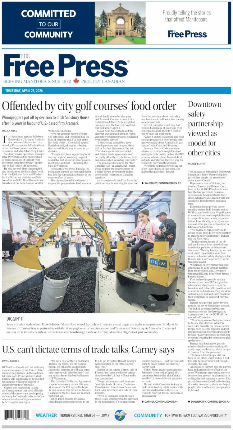 Portada de Winnipeg Free Press (Canad&aacute;)