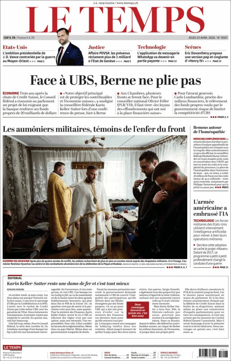 Portada de Le Matin (Suiza)