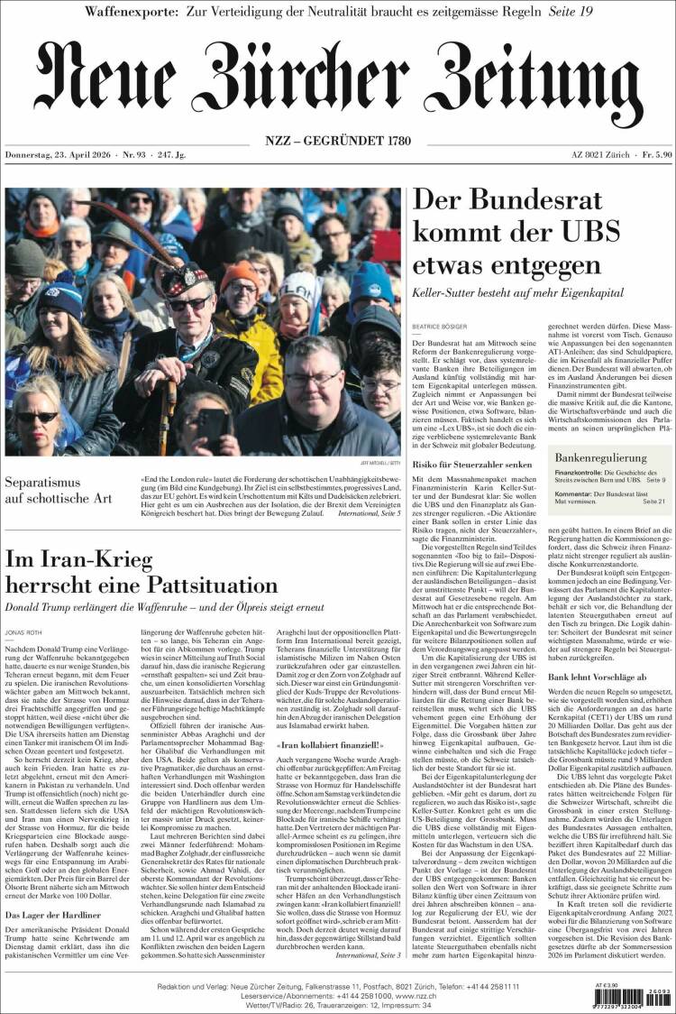 Portada de Neue Zürcher Zeitung (Suiza)