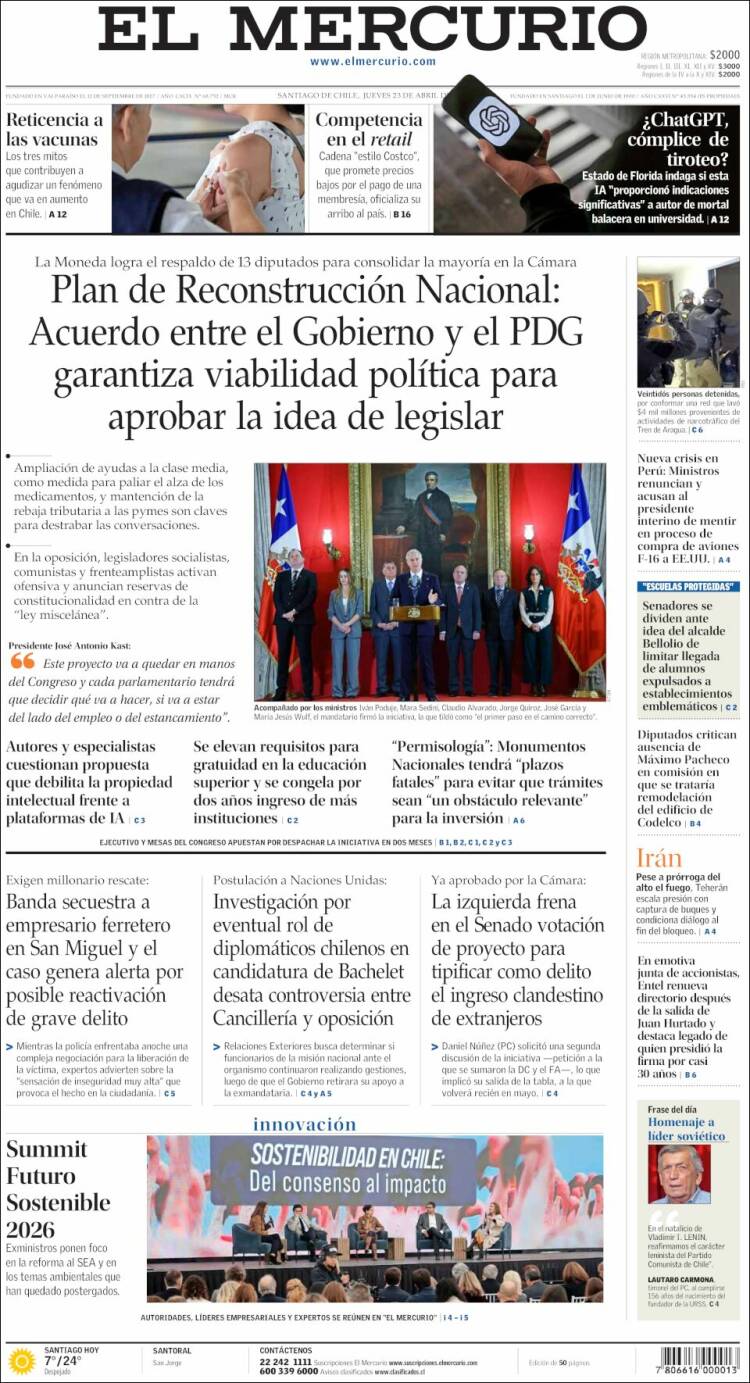 Portada de El Mercurio (Chile)
