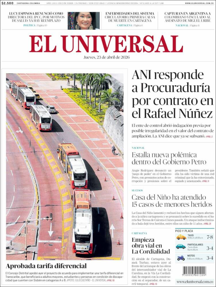 Portada de El Universal (Colombia)