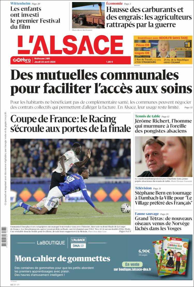 Portada de Journal L'Alsace (Francia)