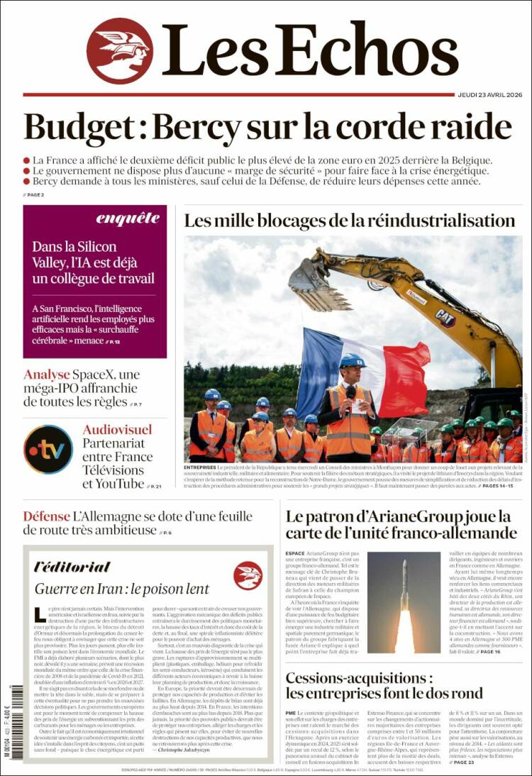 Portada de Les Echos (Francia)